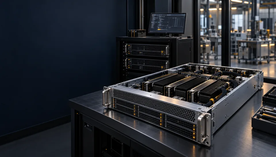 Illustrative engineering bench with an open GPU server and compact compute cabinet