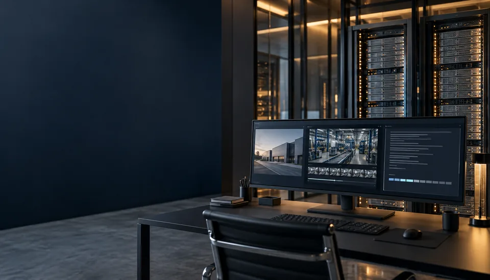 Illustrative inference operations studio showing image, video and language workloads beside server cabinets