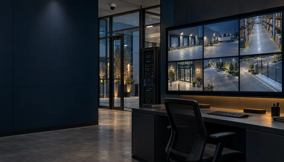 Illustrative video operations room with security camera feeds and an edge server