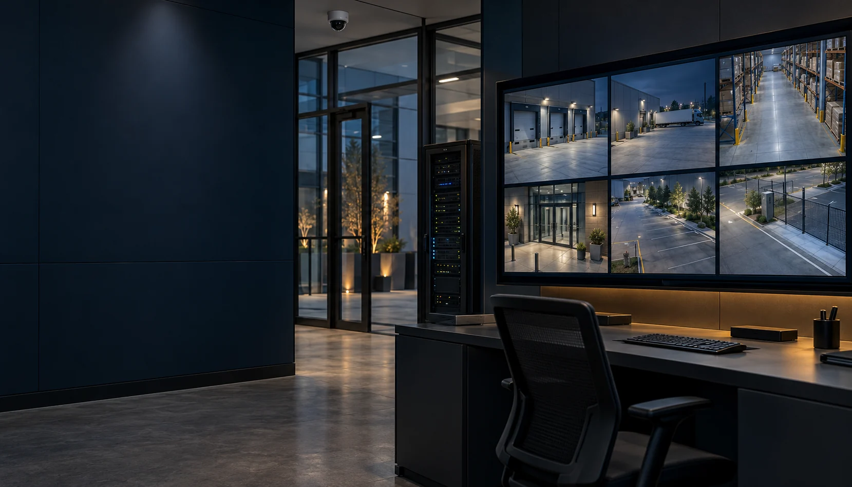 Illustrative video operations room with security camera feeds and an edge server